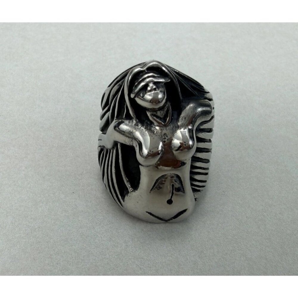 Stainless Steel Sculptural Nude Woman Art Ring Statement Biker Ring Unisex - Picture 11 of 11